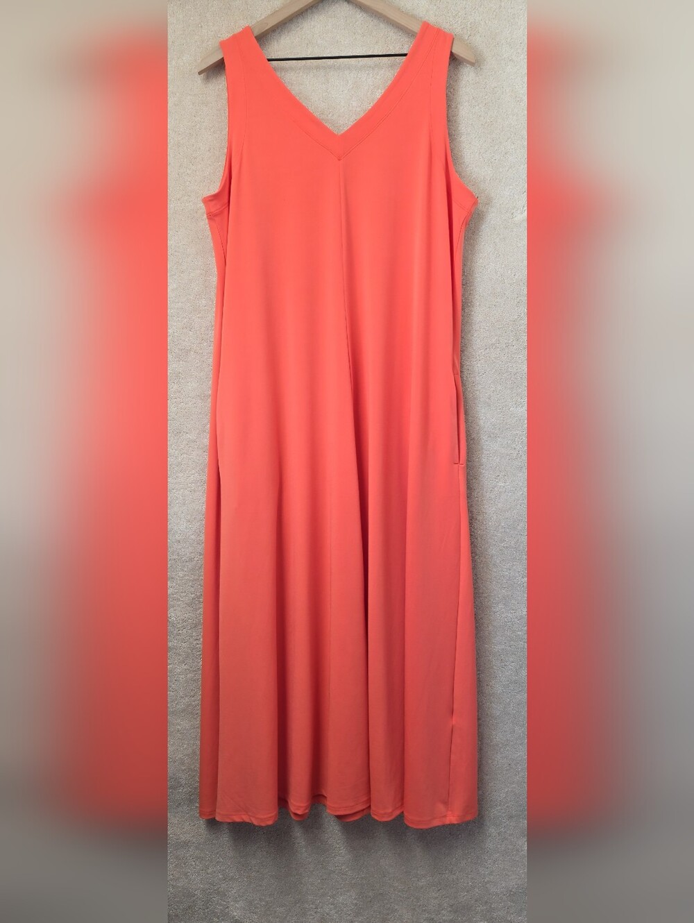 Chicos Sleeveless Midi Dress Pockets Sz 2 L 12 14 Coral Orange V-Neck EXCELLENT